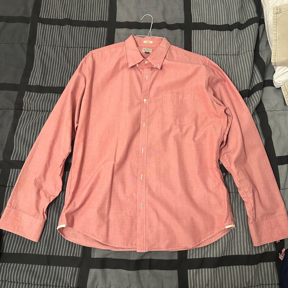 J Crew Shirt Mens Large Red Button Up Slim Fit Stretch Long Sleeve Cotton